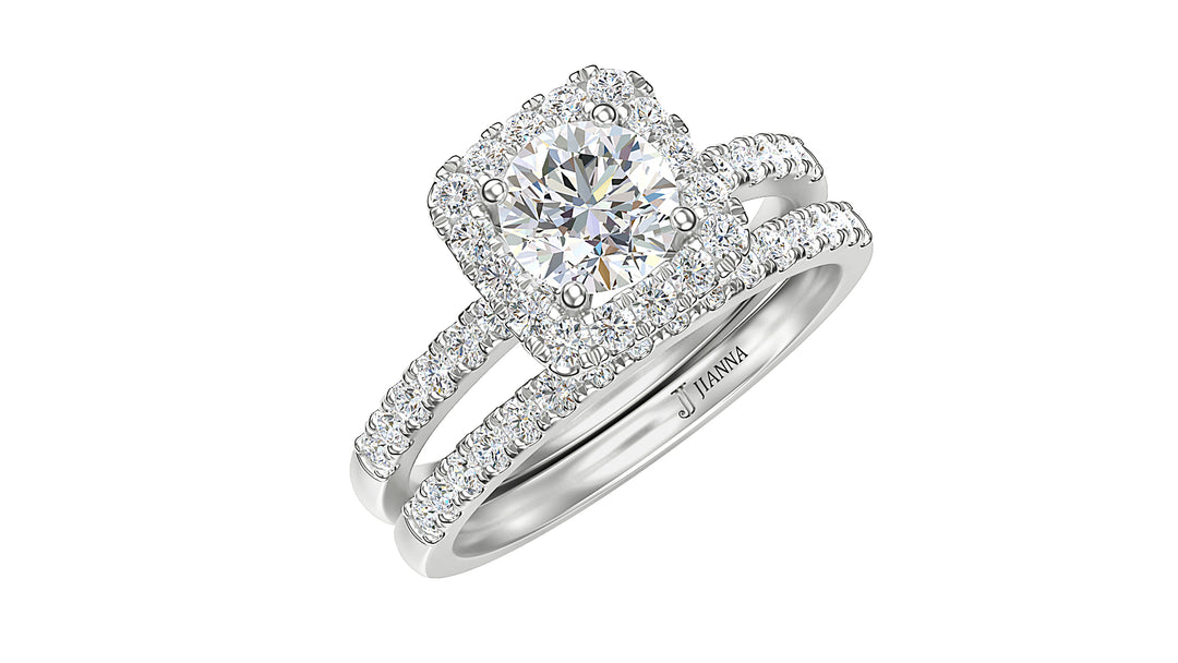 Round-shaped diamond halo pave 14K white gold engagement ring